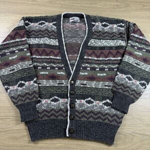 Vintage Rinnovato Nak Sweater Men Medium Cardigan Geometric Acrylic Leather Trim